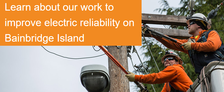 Two workers working on a power line with text saying learn about our plans to improve reliability on Bainbridge Island