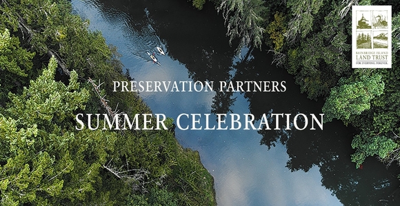 A river with rows of trees on both sides of the river. Two boats in the middle of the river. The title of the image says: Preservation Partners Summer Celebration.