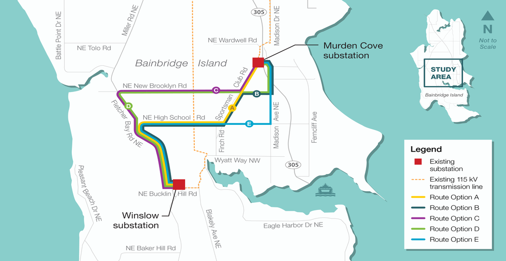 Map of Murden Cove - Winslow "Missing Link" Transmission Line Project route options.