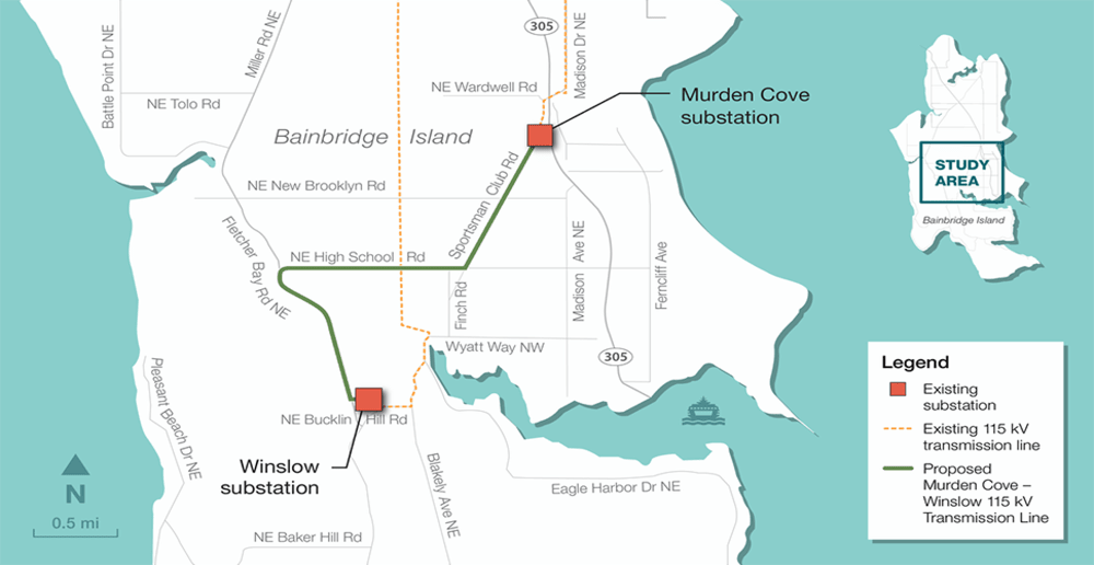 Illustrated map of Bainbridge Island and Murden Cove - Winslow transmission line project.