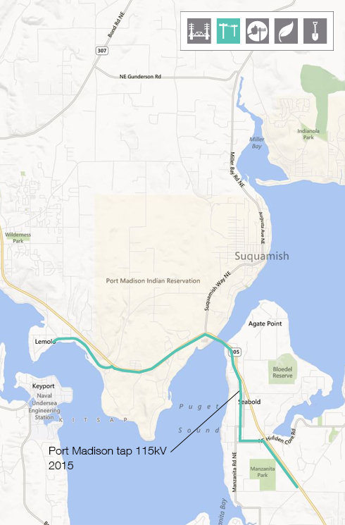 Completed projects / Port Madison tap 115 kV	Project map	Project map: The Port Madison tap 115 kV transmission line was rebuilt. It runs between Lemolo on Kitsap Peninsula to east of Manzanita Park on Bainbridge Island, generally along State Route 305.